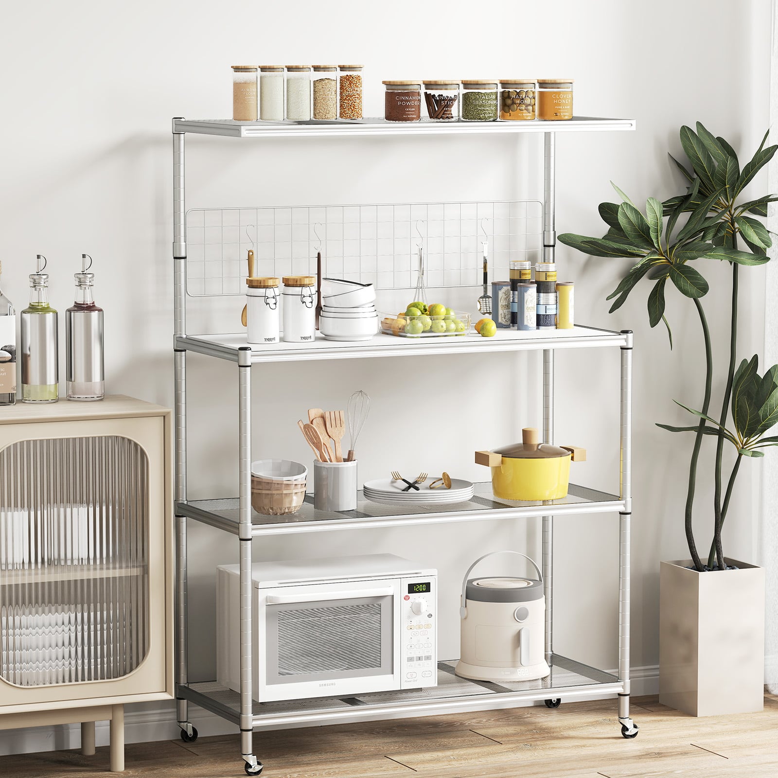Bakers Rack on Wheels with Adjustable Shelves and Shelf Liner-Silver