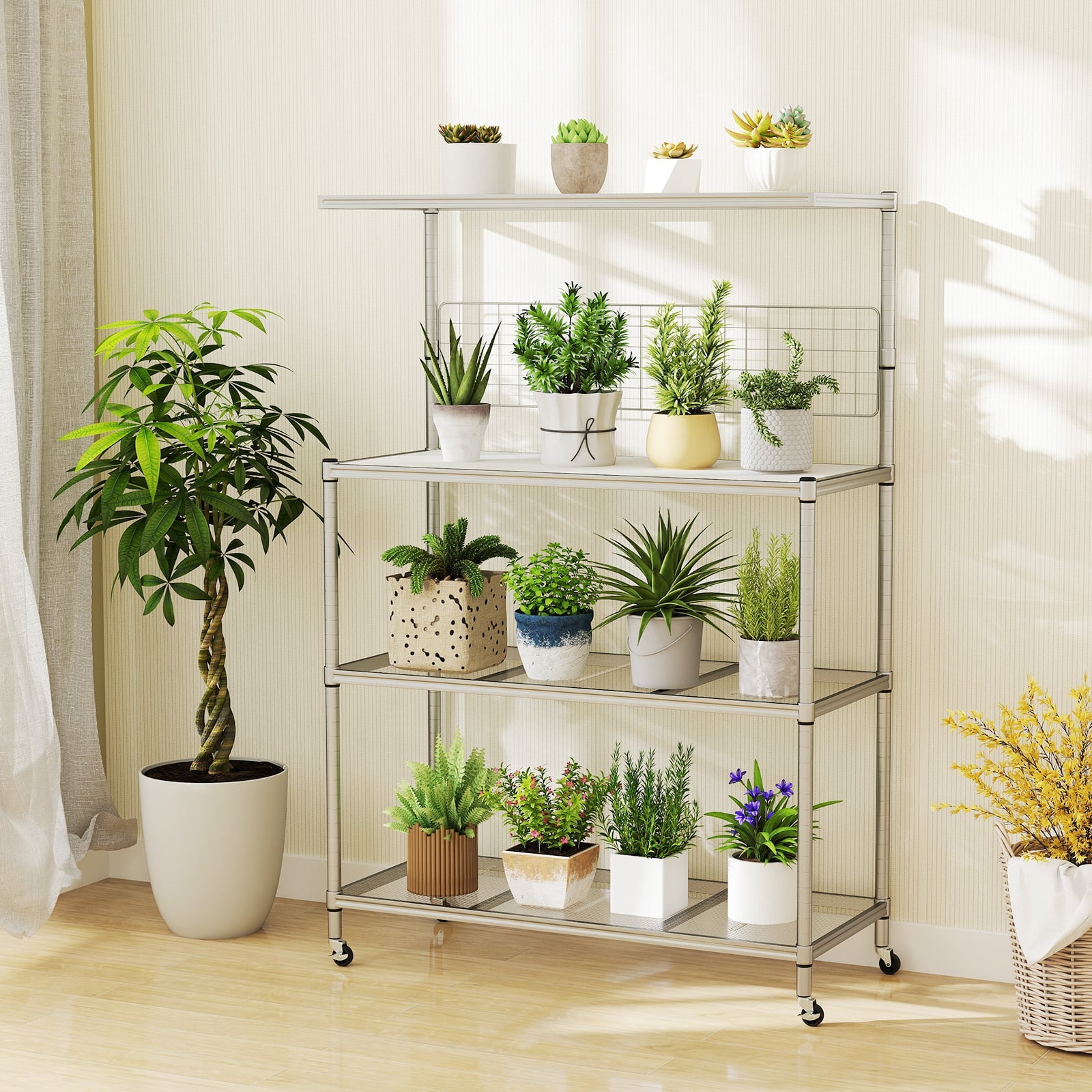 Bakers Rack on Wheels with Adjustable Shelves and Shelf Liner-Silver