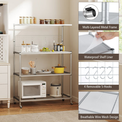 Bakers Rack on Wheels with Adjustable Shelves and Shelf Liner-Silver