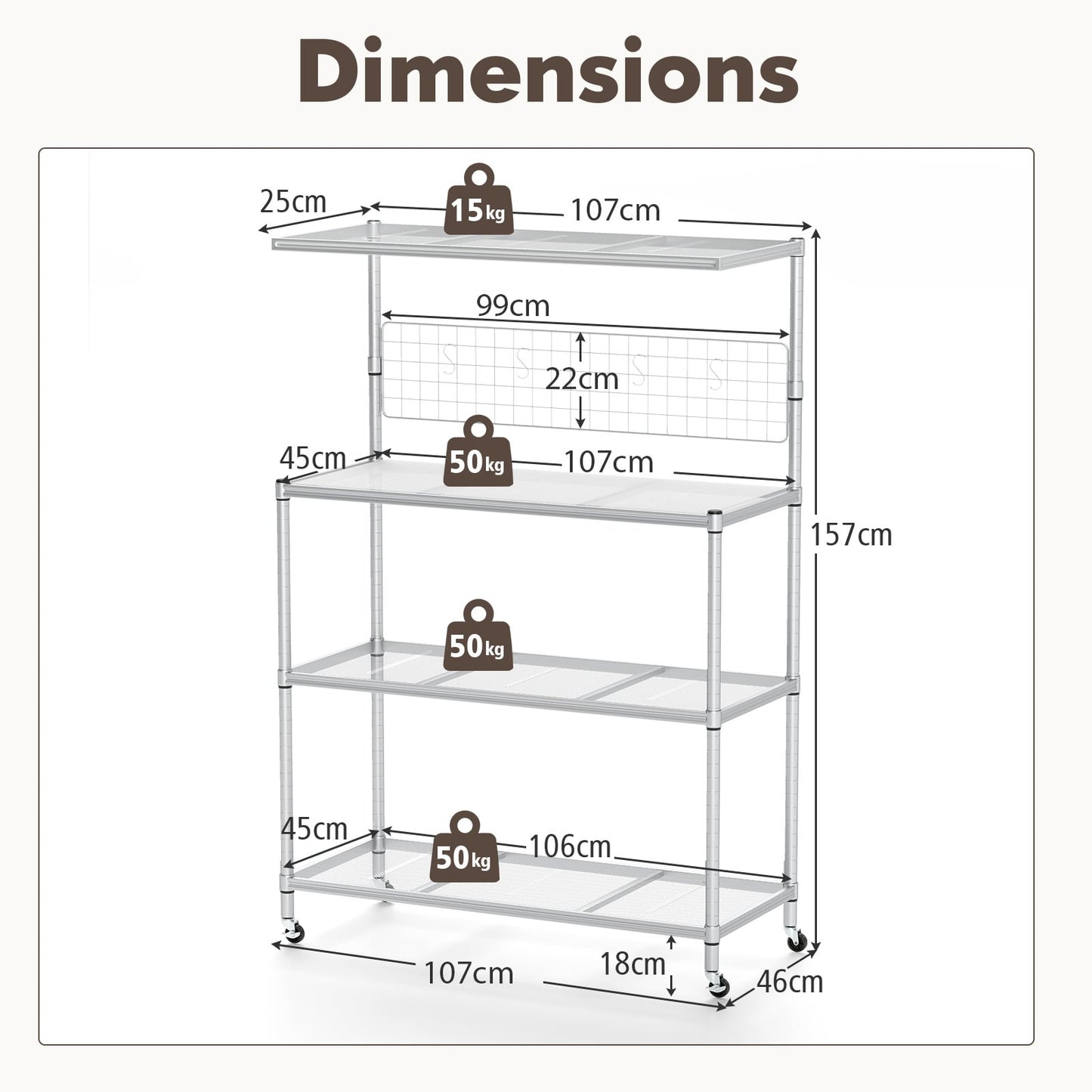 Bakers Rack on Wheels with Adjustable Shelves and Shelf Liner-Silver