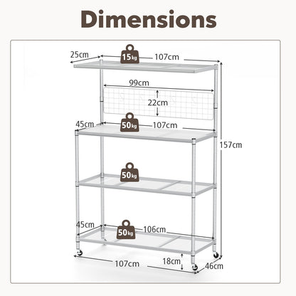 Bakers Rack on Wheels with Adjustable Shelves and Shelf Liner-Silver
