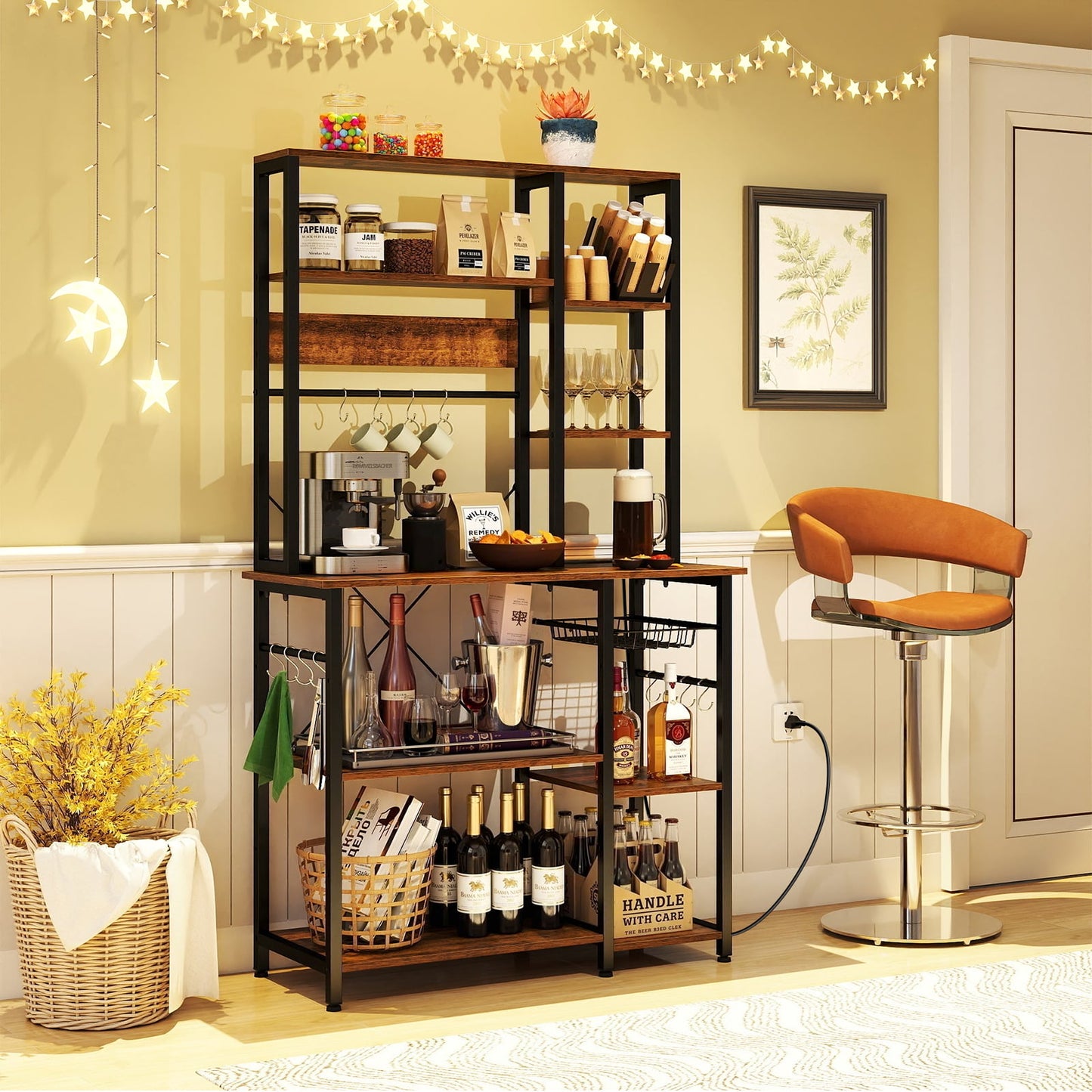 Bakers Rack with Power Outlet 9-Tier Microwave Stand with Wooden Open Shelves-Rustic Brown