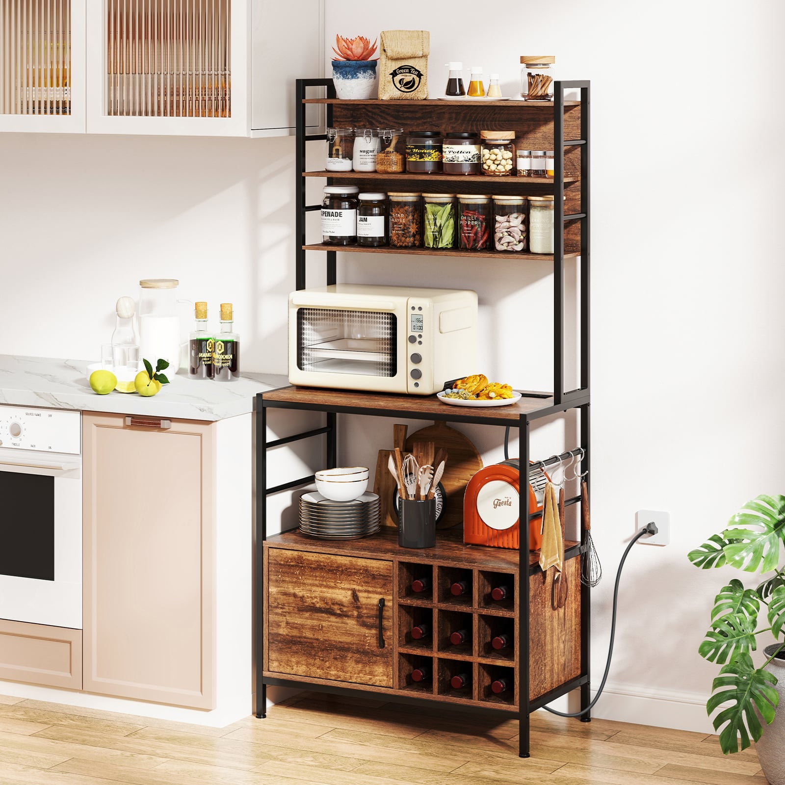 Bakers Rack with Power Outlet and Heavy-Duty Metal Frame-Reddish Brown
