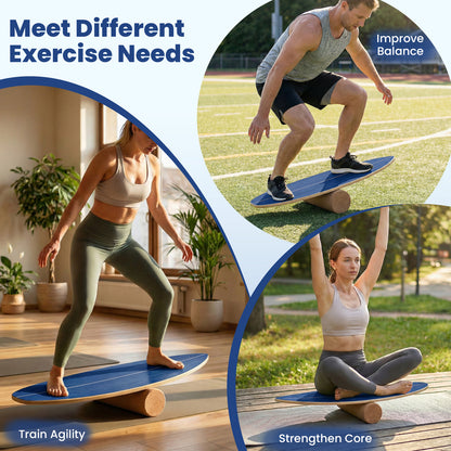 Balance Board Trainer for Adults Wooden Balancing Board with Cork Roller and Storage Rack to Exercise-Blue