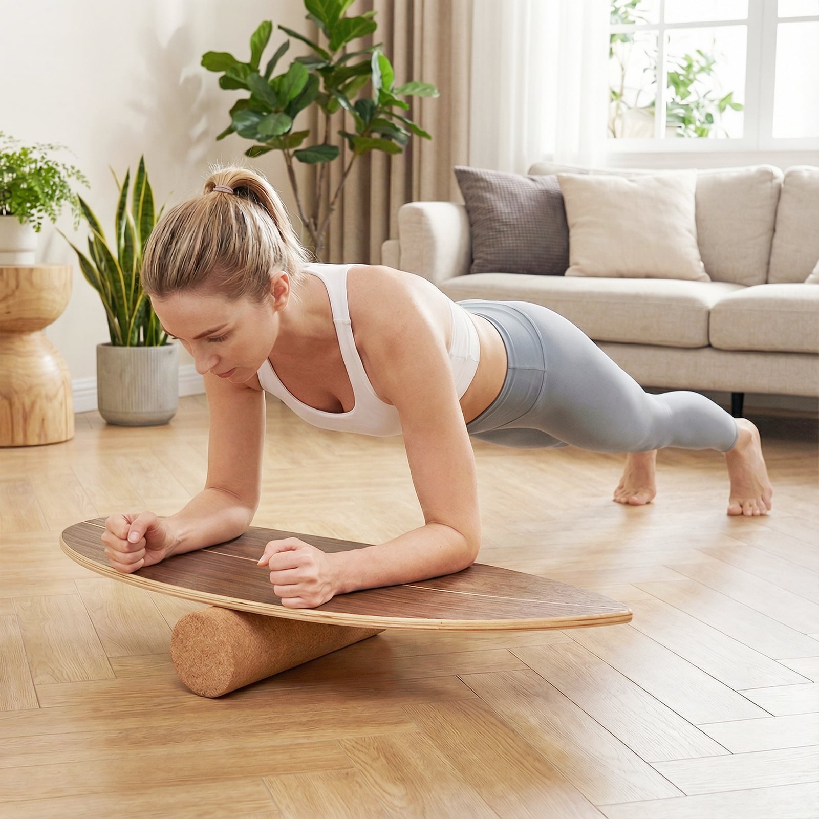 Balance Board Trainer for Adults Wooden Balancing Board with Cork Roller and Storage Rack to Exercise-Natural
