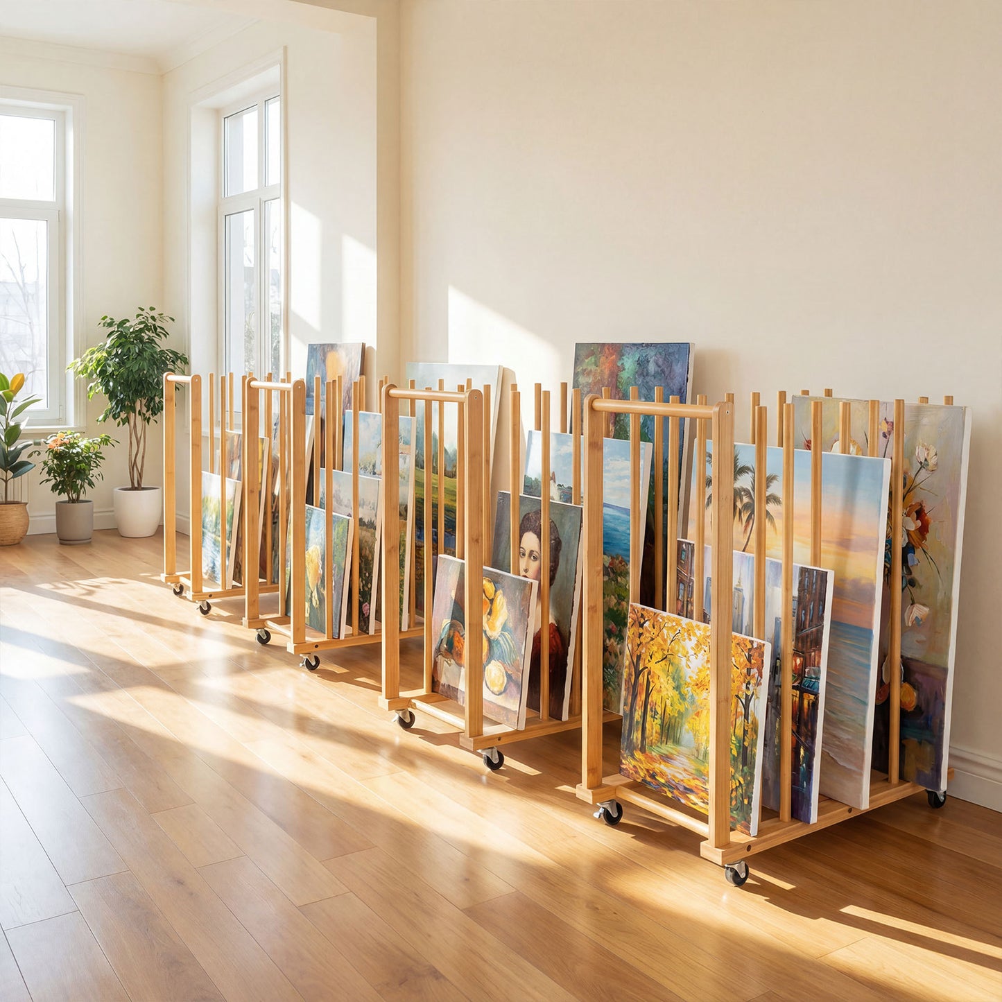 Bamboo Art Storage Rack with 4 Wheels and Side Handle for Canvases and Frames-Natural