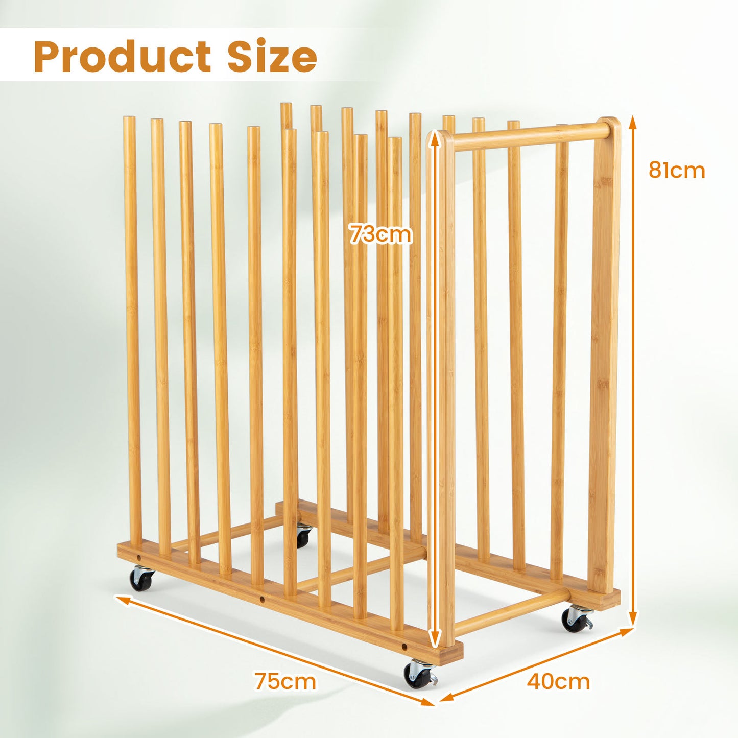 Bamboo Art Storage Rack with 4 Wheels and Side Handle for Canvases and Frames-Natural