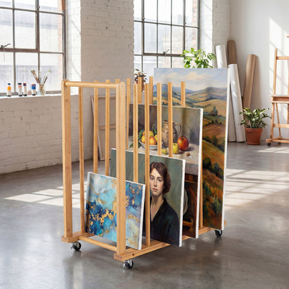 Bamboo Art Storage Rack with 4 Wheels and Side Handle for Canvases and Frames-Natural