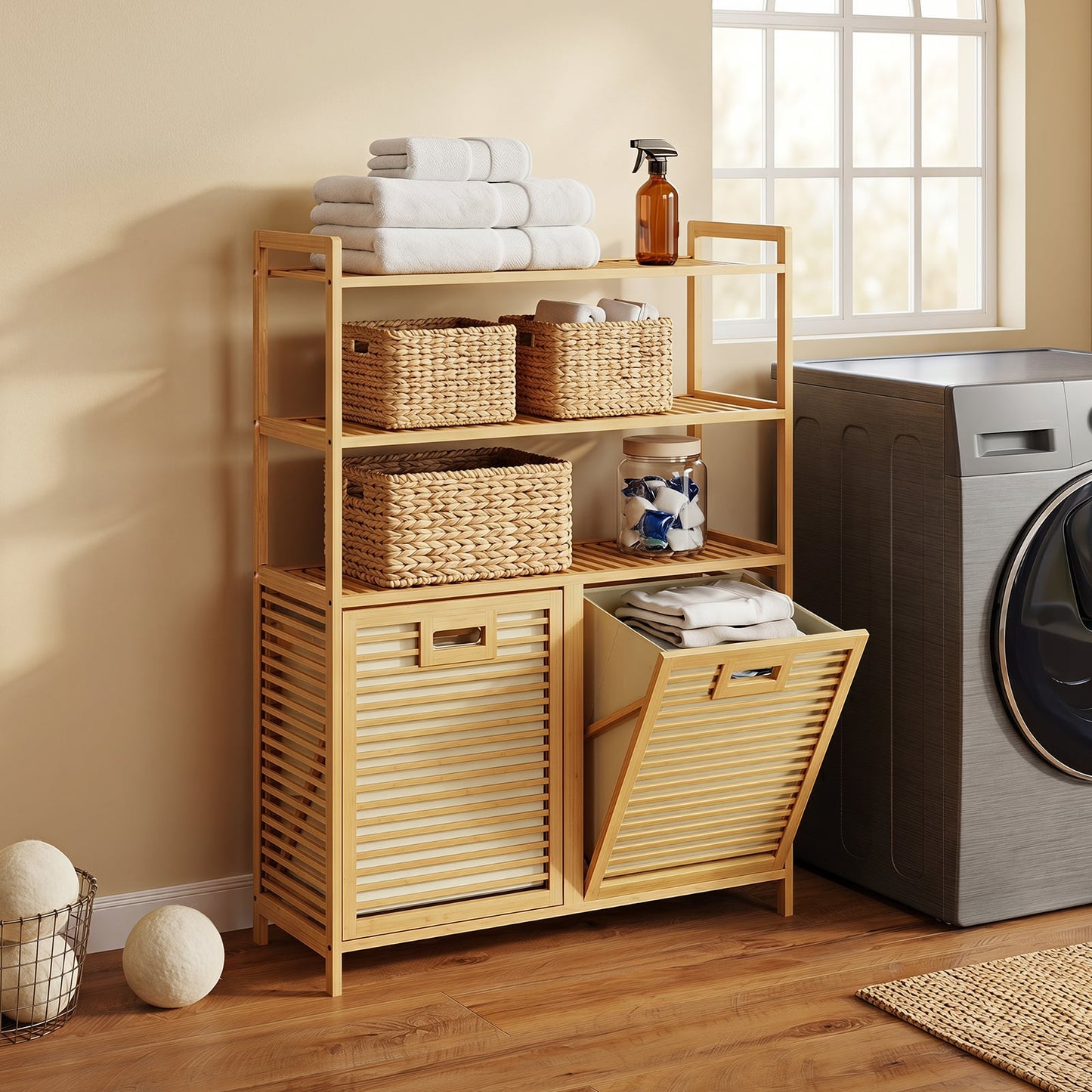 Bamboo Double Tilt Out Laundry Hamper with 3 ShelvesFreestanding Storage Cabinet-Natural