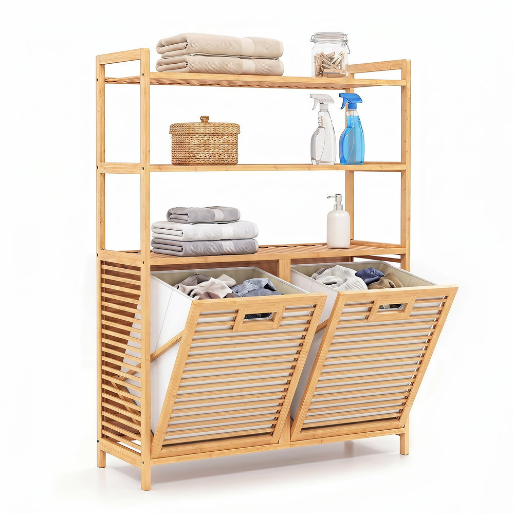 Bamboo Double Tilt Out Laundry Hamper with 3 ShelvesFreestanding Storage Cabinet-Natural