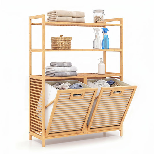 Bamboo Double Tilt Out Laundry Hamper with 3 ShelvesFreestanding Storage Cabinet-Natural