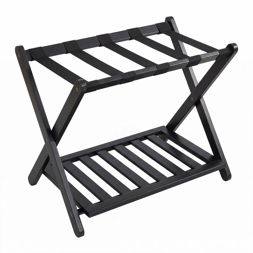 Bamboo Folding Luggage Rack with Straps and Storage Shelves for Guest Room-Black