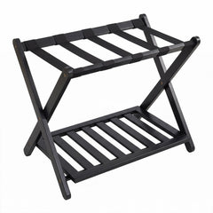 Bamboo Folding Luggage Rack with Straps and Storage Shelves for Guest Room-Black