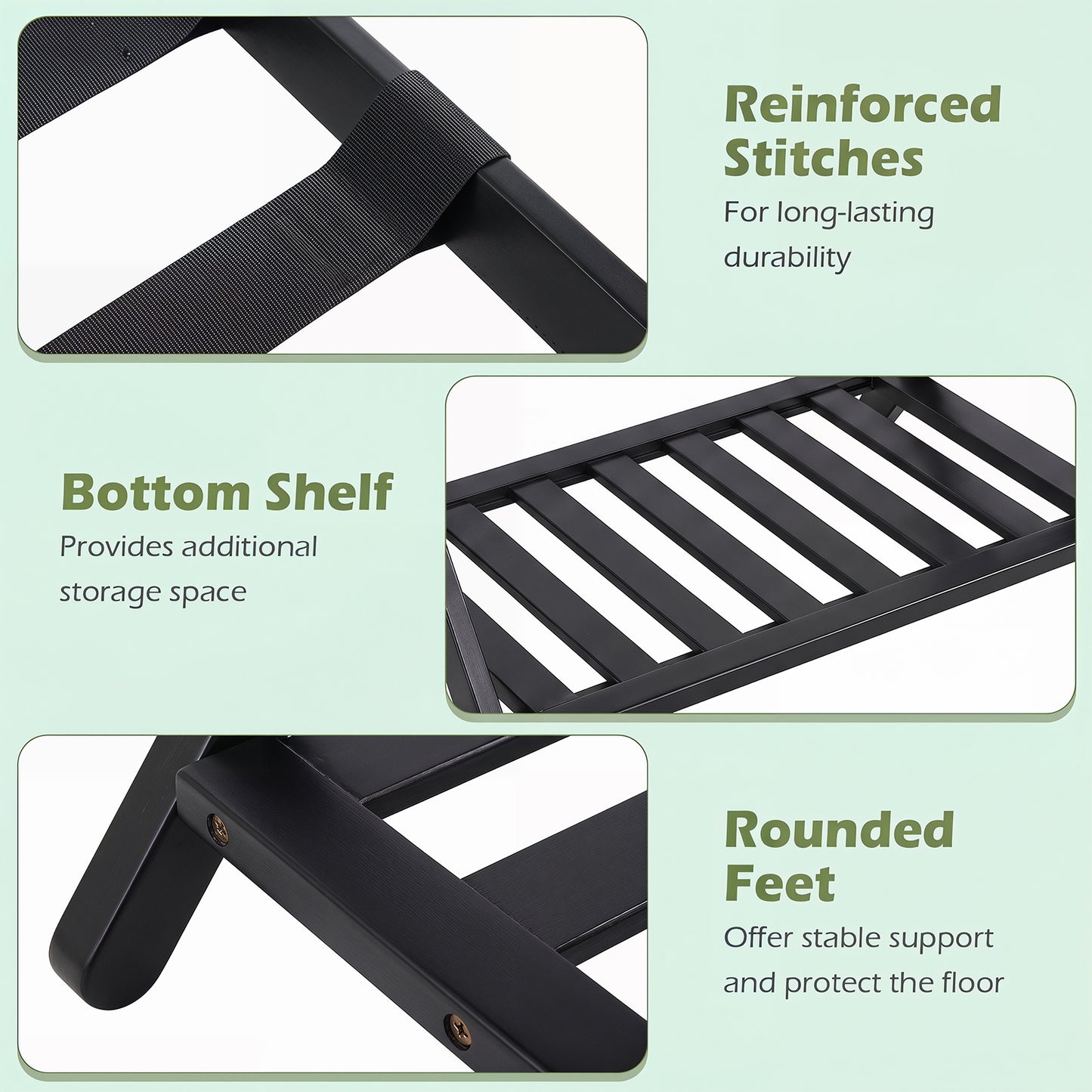 Bamboo Folding Luggage Rack with Straps and Storage Shelves for Guest Room-Black