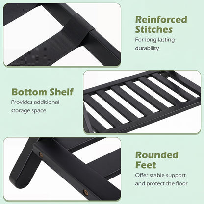 Bamboo Folding Luggage Rack with Straps and Storage Shelves for Guest Room-Black