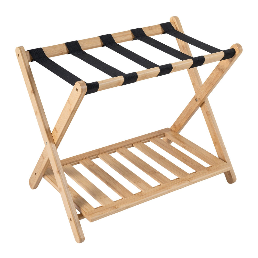 Bamboo Folding Luggage Rack with Straps and Storage Shelves for Guest Room-Natural