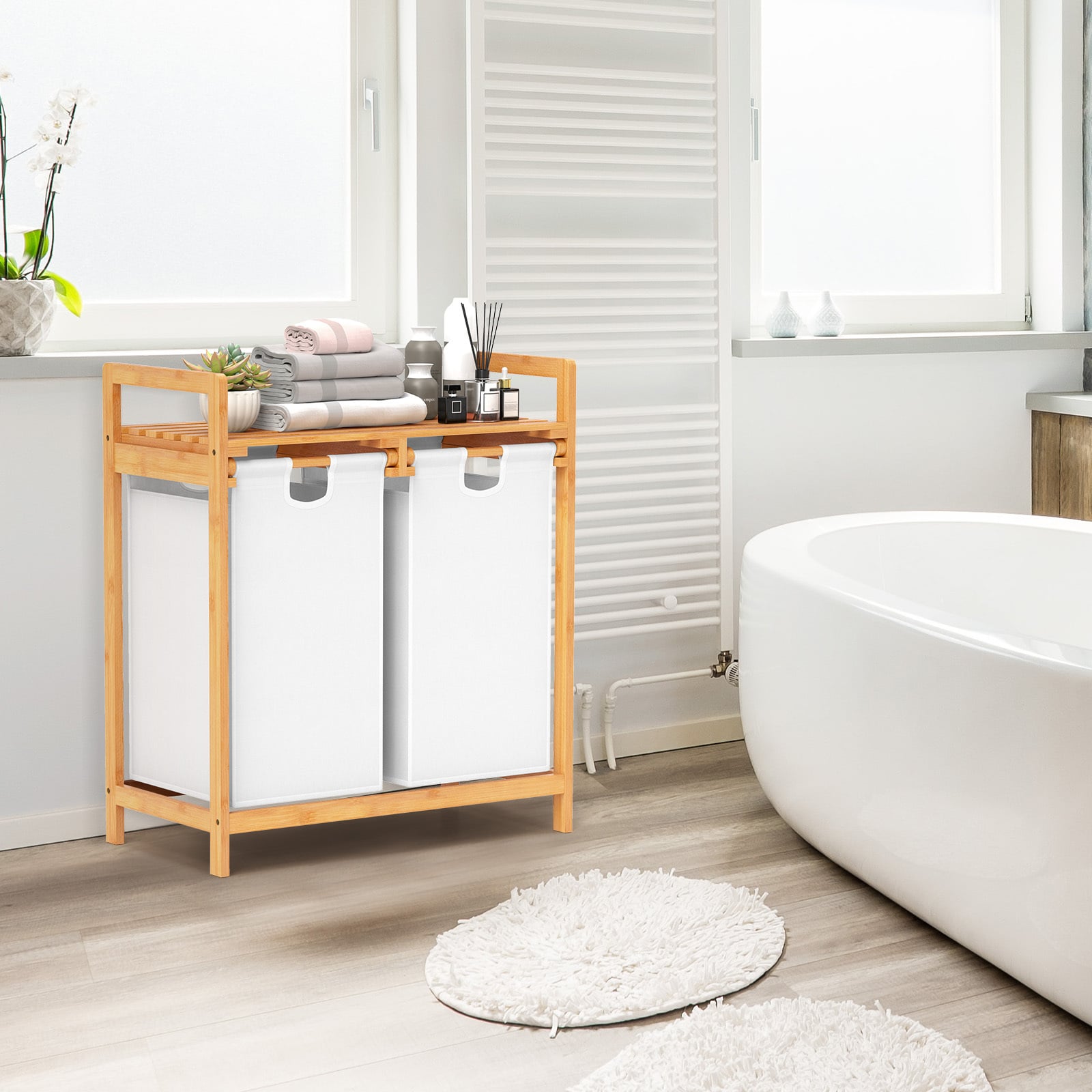 Bamboo Laundry Hamper with Dual Compartments and Removable Sliding Bags-White