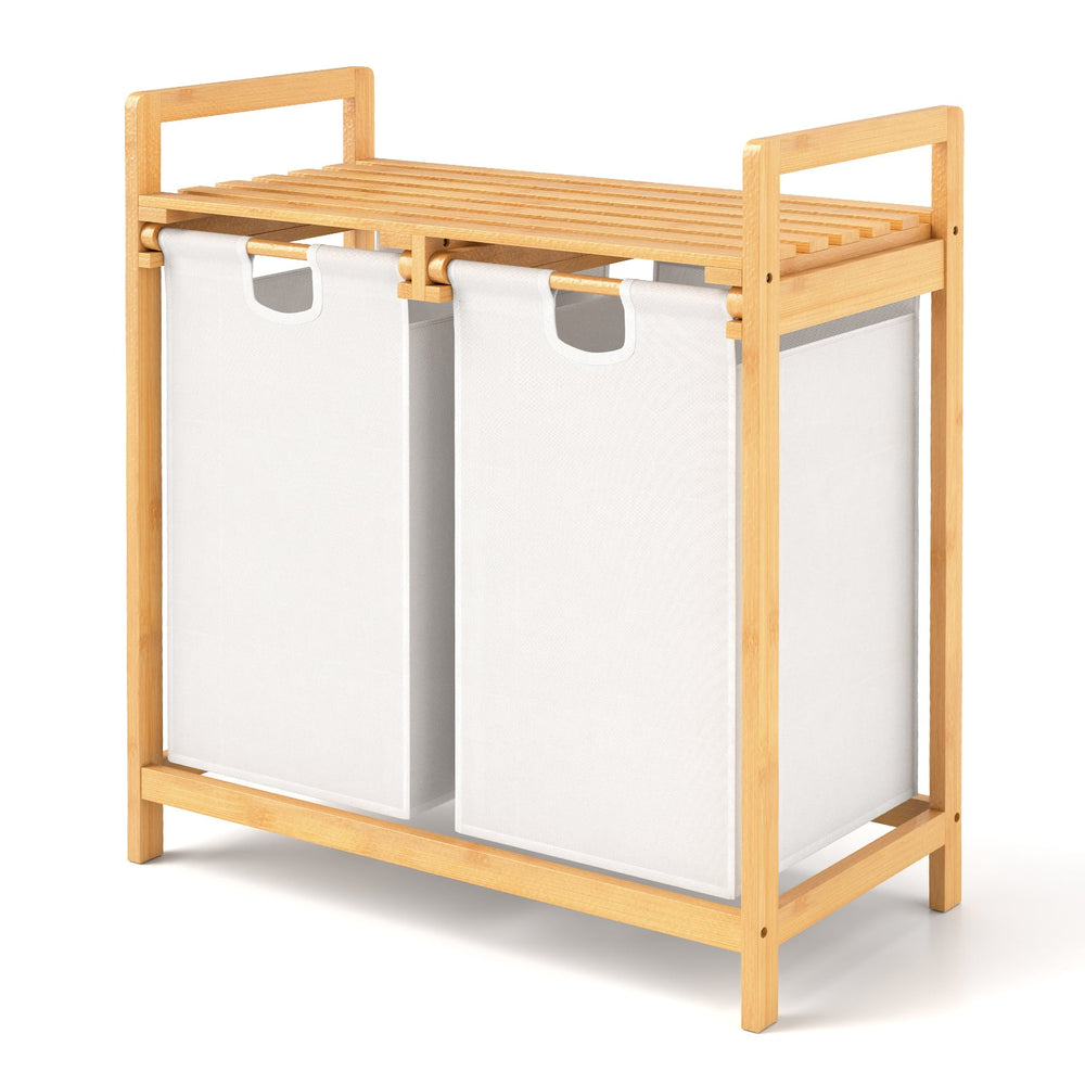 Bamboo Laundry Hamper with Dual Compartments and Removable Sliding Bags-White