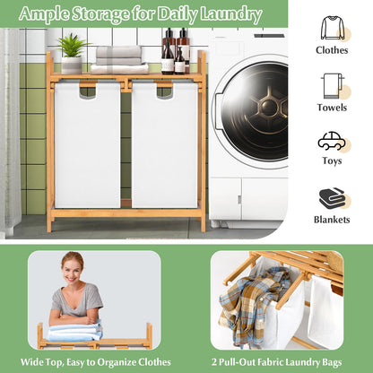 Bamboo Laundry Hamper with Dual Compartments and Removable Sliding Bags-White