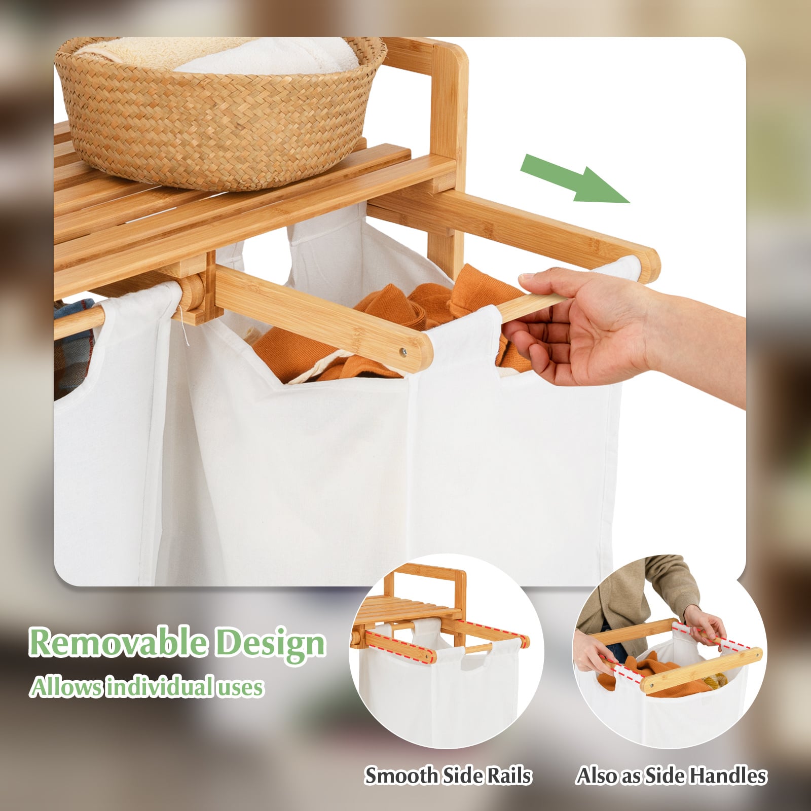 Bamboo Laundry Hamper with Dual Compartments and Removable Sliding Bags-White