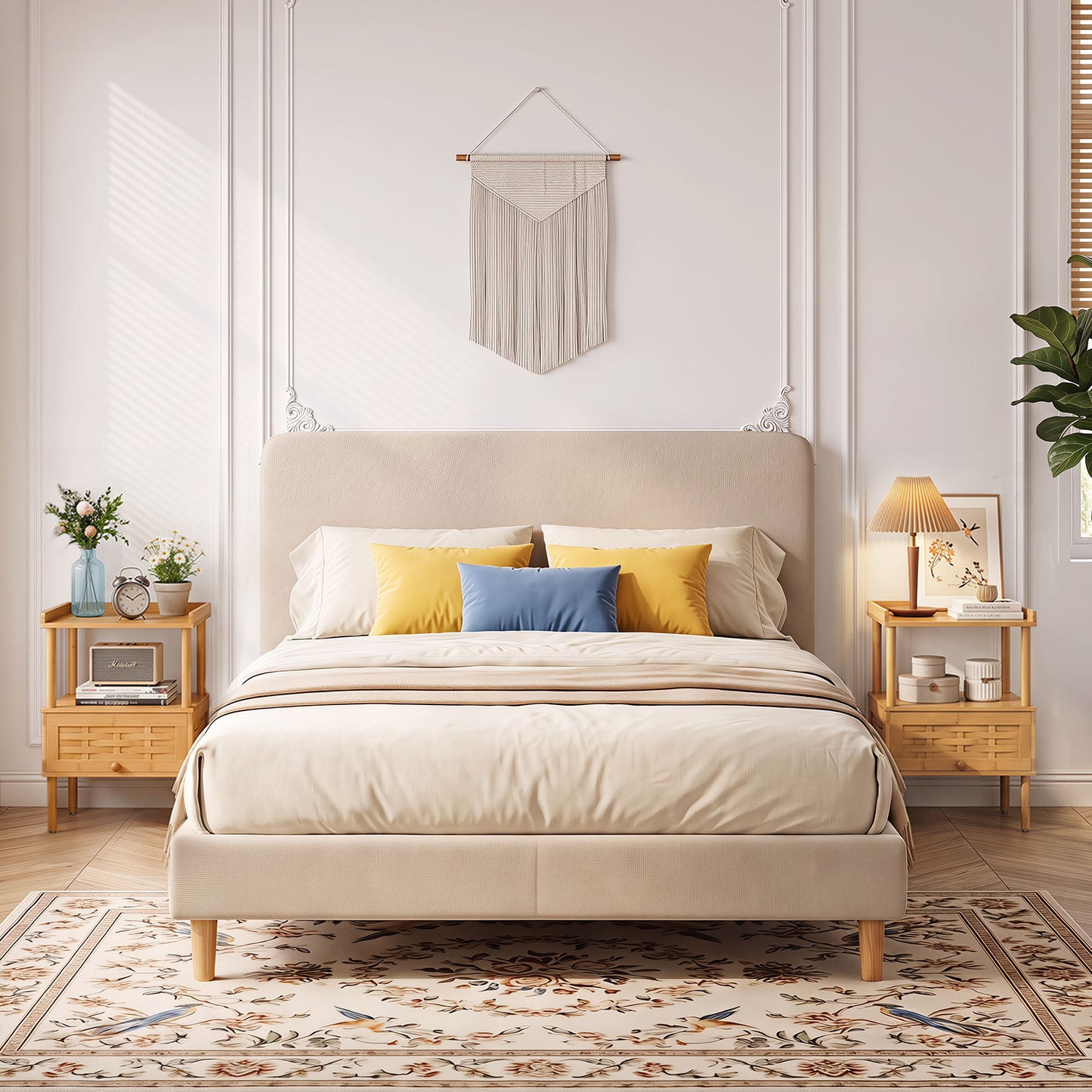 Bamboo Rattan Nightstand with Raised Edge Flip-Up Door and Open Shelf-Natrual
