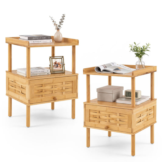 Bamboo Rattan Nightstand with Raised Edge Flip-Up Door and Open Shelf-Natrual