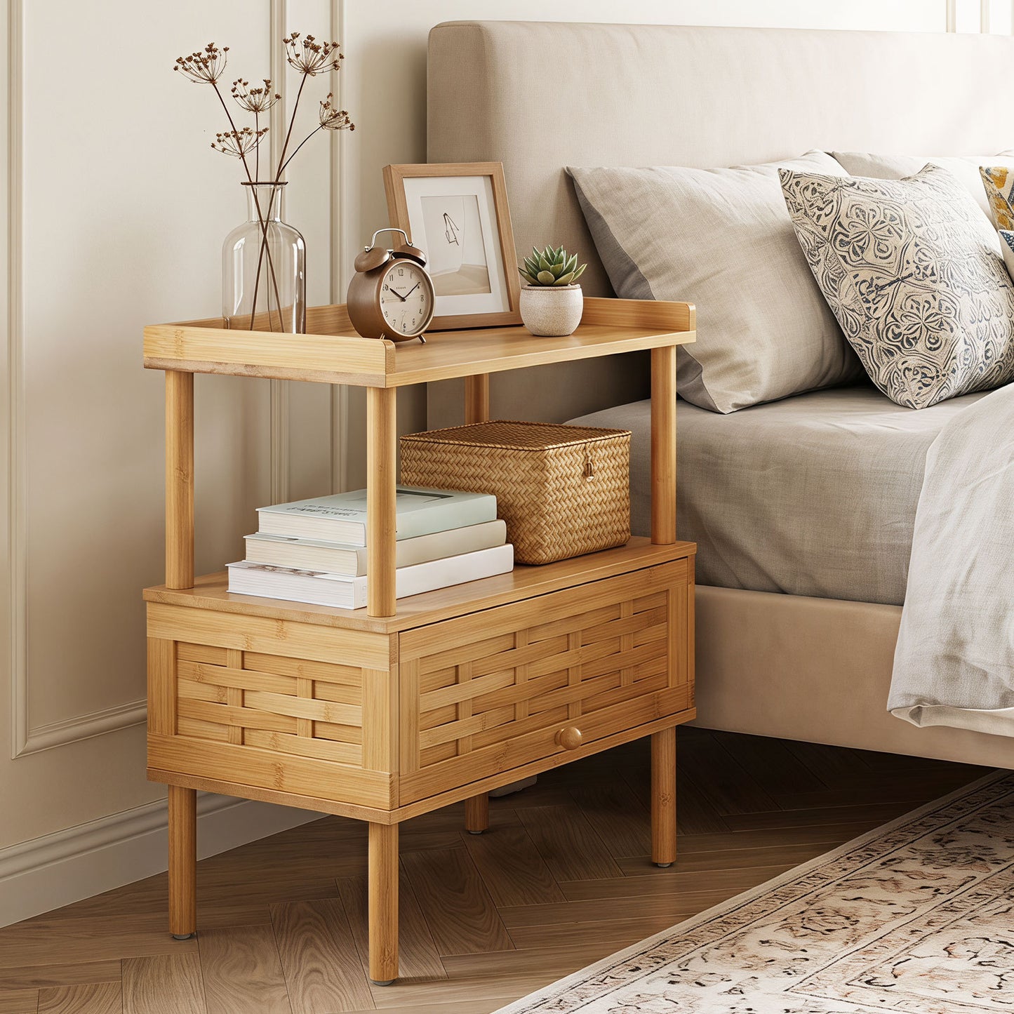 Bamboo Rattan Nightstand with Raised Edge Flip-Up Door and Open Shelf-Natrual