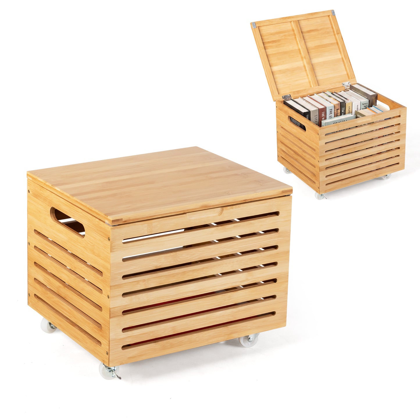 Bamboo Rolling Storage Box with 4 Wheels and Lid for Home-Natural