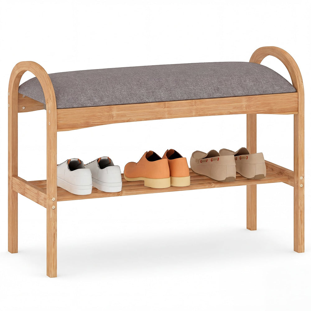 Bamboo Shoe Bench with Padded Cushion for Entrance Hallway-Grey