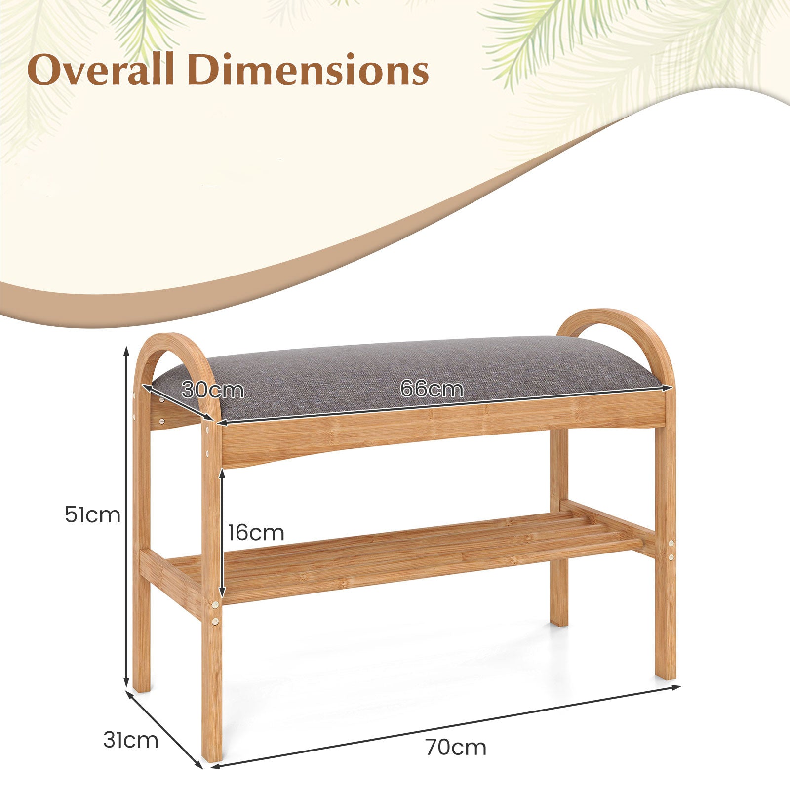 Bamboo Shoe Bench with Padded Cushion for Entrance Hallway-Grey