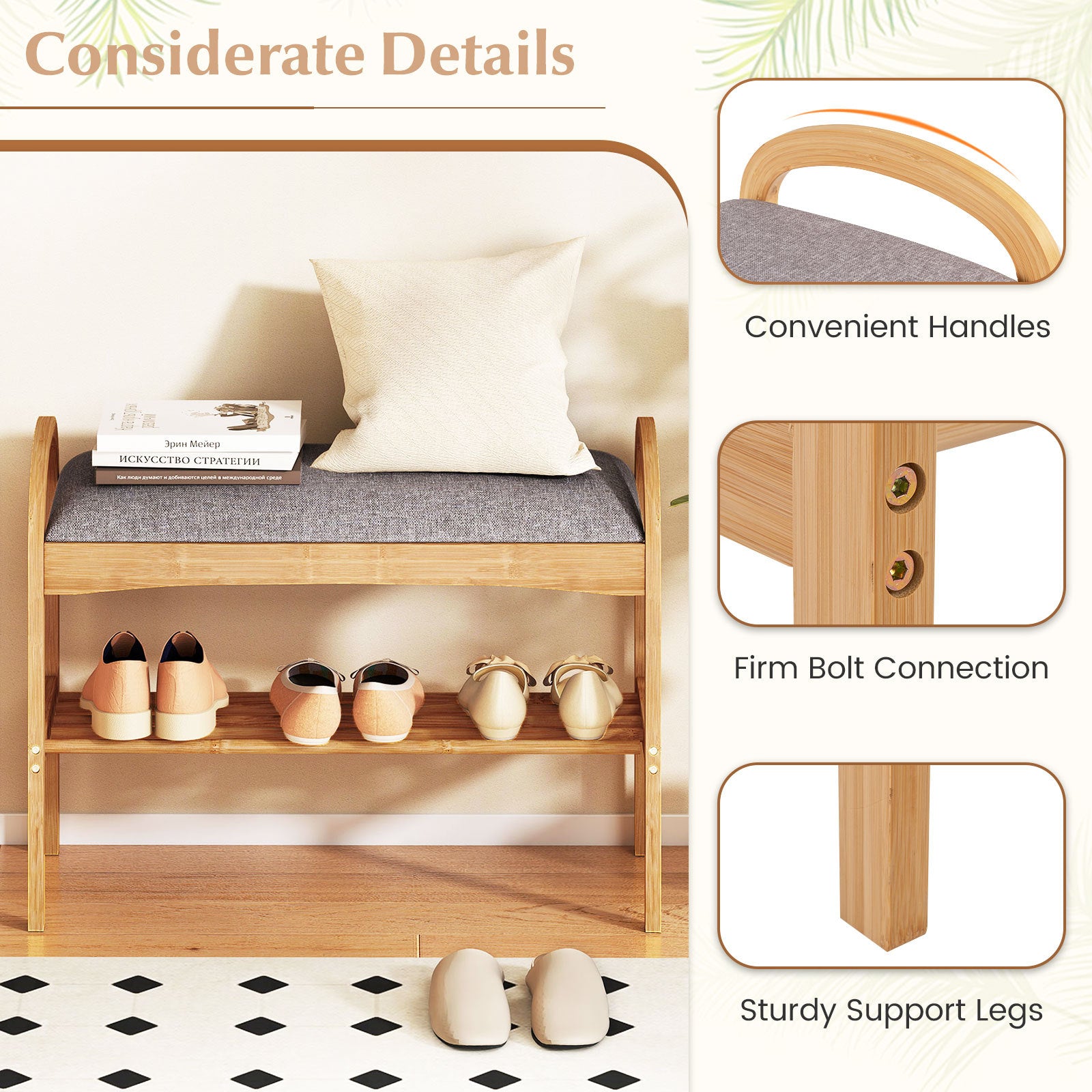 Bamboo Shoe Bench with Padded Cushion for Entrance Hallway-Grey