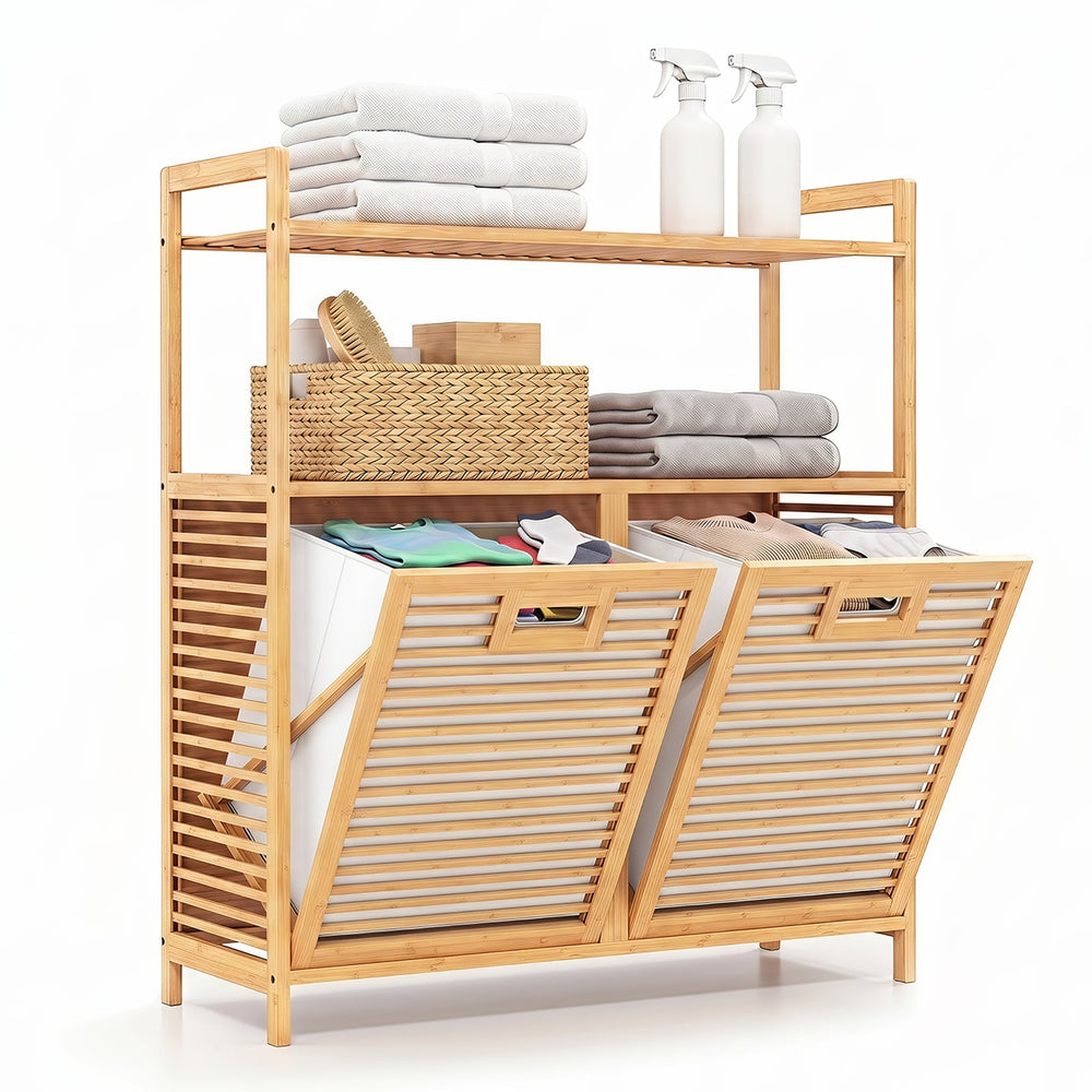 Bamboo laundry basket with Handles and Removable Liner Bags-Natural