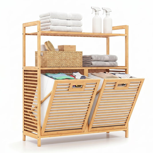 Bamboo laundry basket with Handles and Removable Liner Bags-Natural