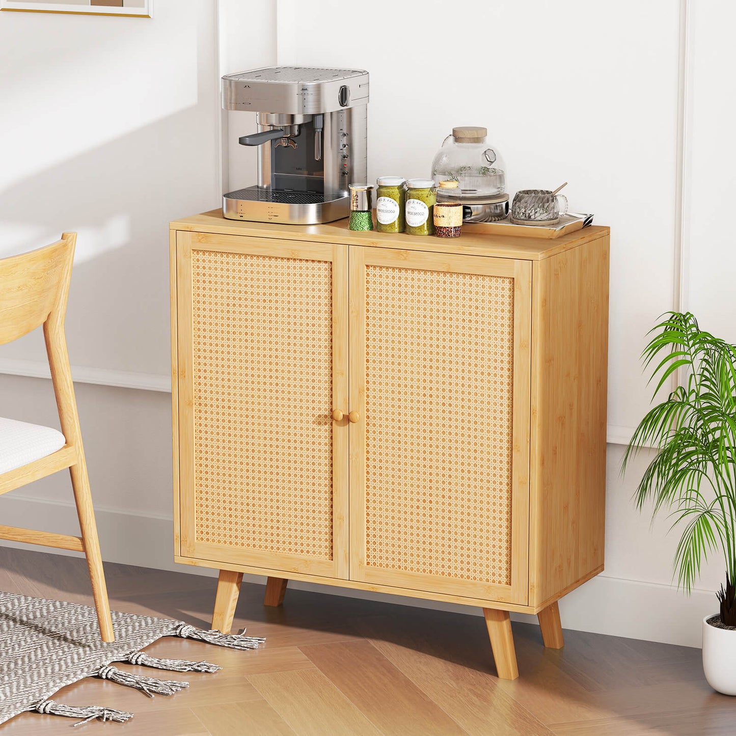 Bamboo Buffet Cabinet Sideboard with PE Rattan Doors-Natural