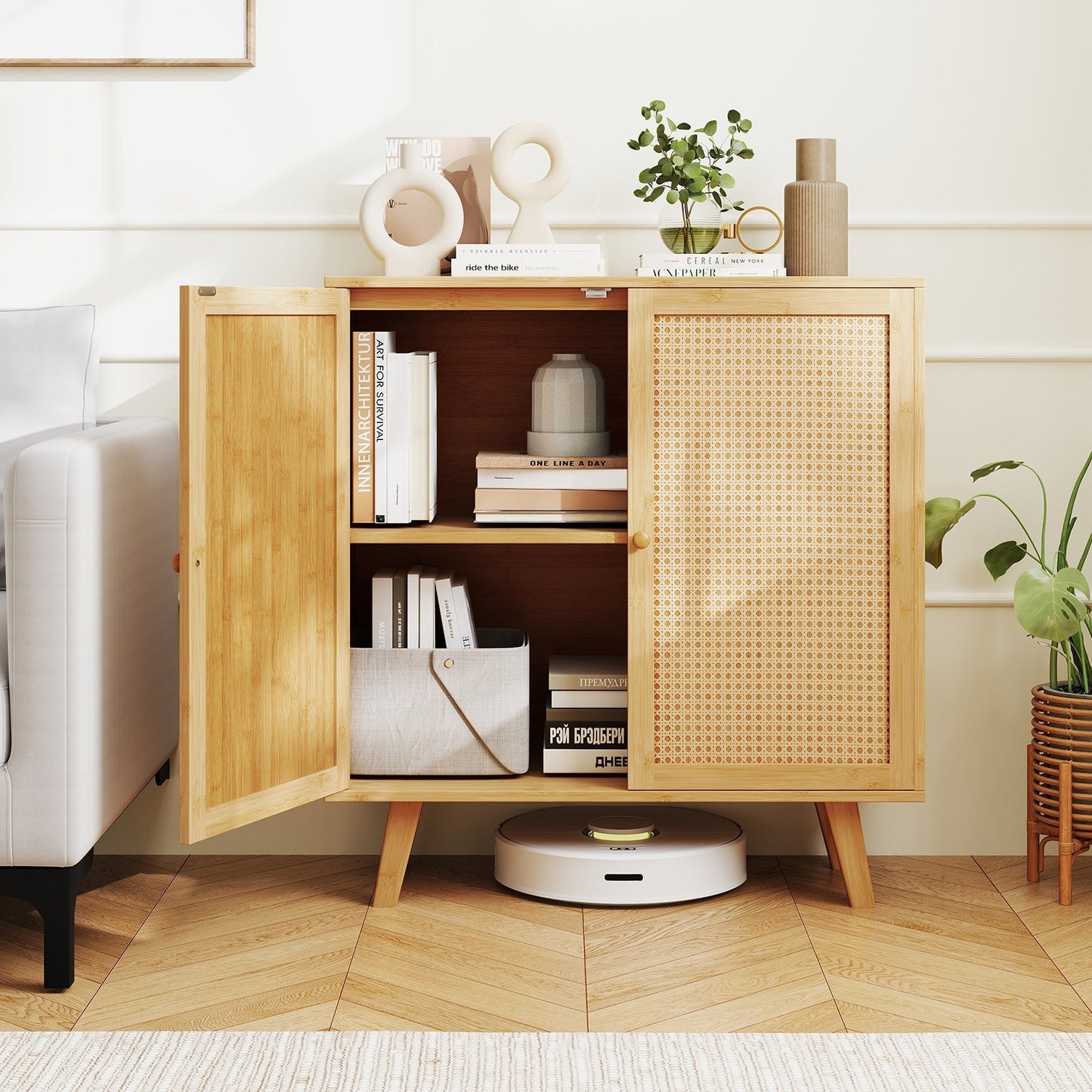 Bamboo Buffet Storage Cabinet with PE Rattan Doors and Freestanding Kitchen Cupboard-Natural