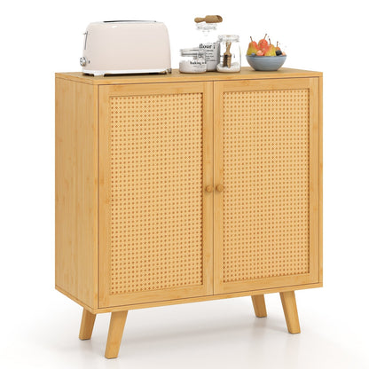 Bamboo Buffet Storage Cabinet with PE Rattan Doors and Freestanding Kitchen Cupboard-Natural