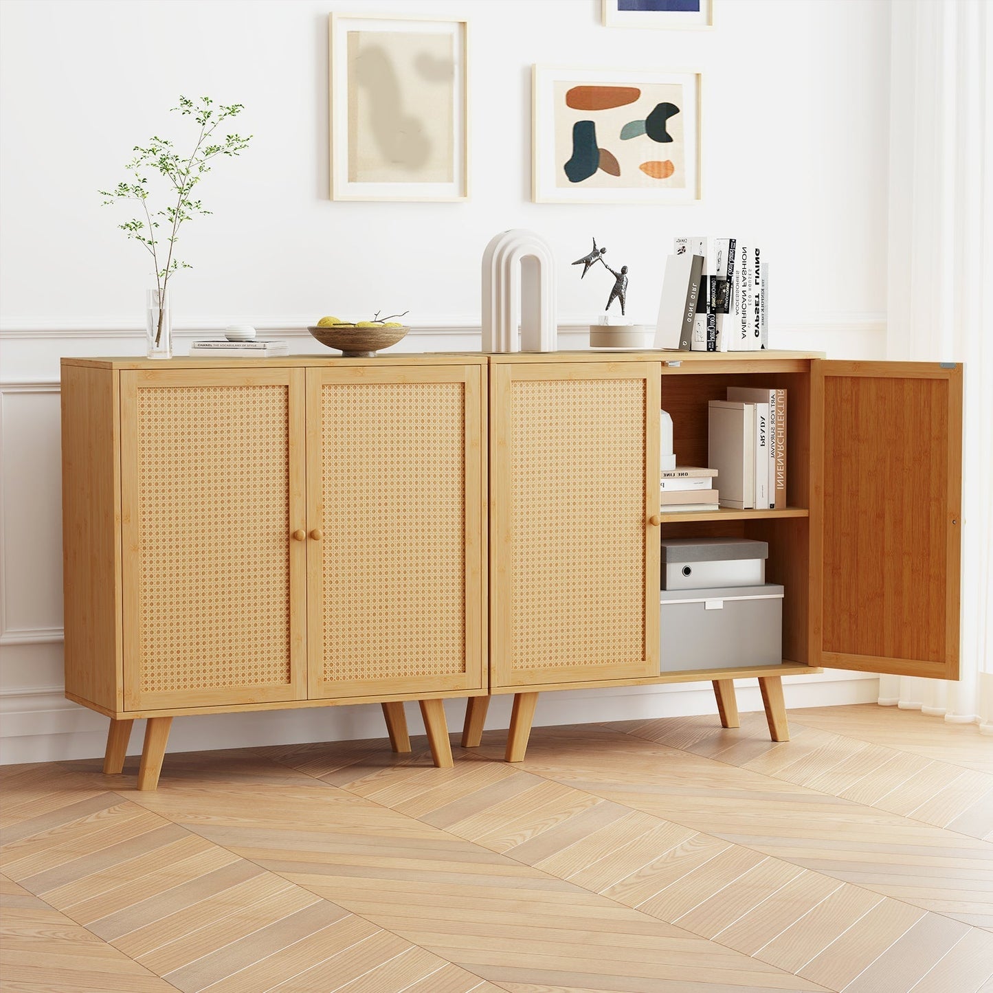 Bamboo Buffet Storage Cabinet with PE Rattan Doors and Freestanding Kitchen Cupboard-Natural