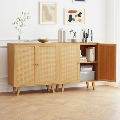 Bamboo Buffet Storage Cabinet with PE Rattan Doors and Freestanding Kitchen Cupboard-Natural