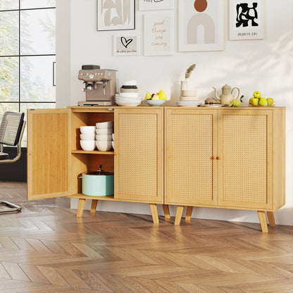 Bamboo Buffet Storage Cabinet with PE Rattan Doors and Freestanding Kitchen Cupboard-Natural