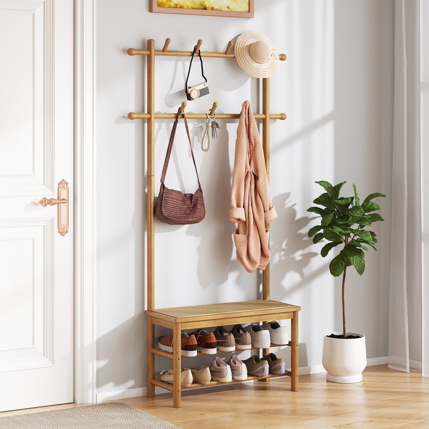 Bamboo Coat Rack PE Rattan Hall Tree with Bench and Shoe Storage-Natural