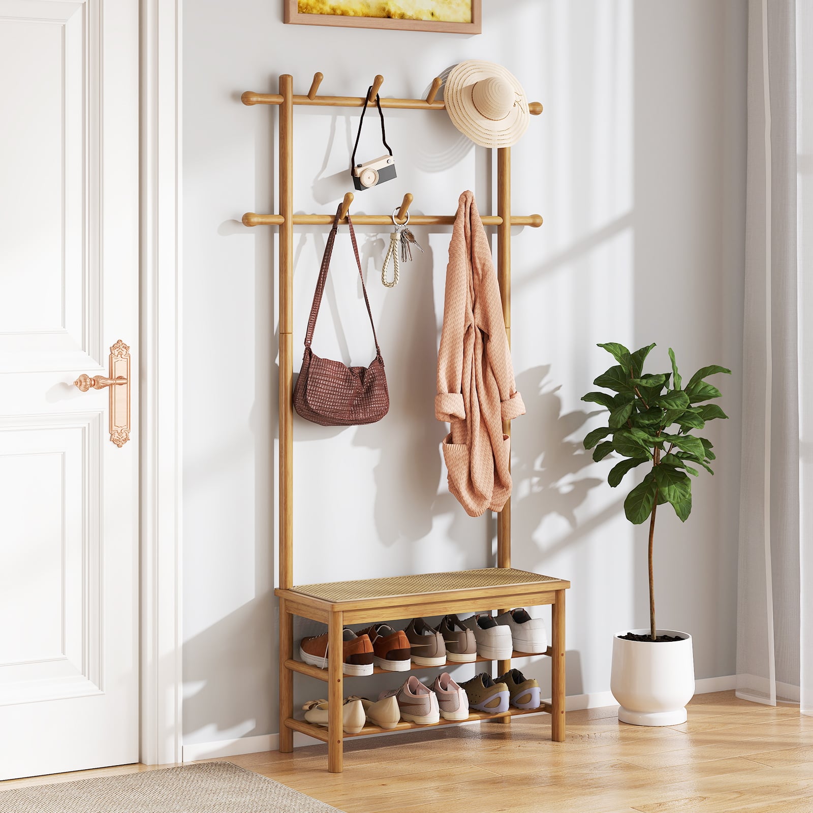 Bamboo Coat Rack PE Rattan Hall Tree with Bench and Shoe Storage-Natural