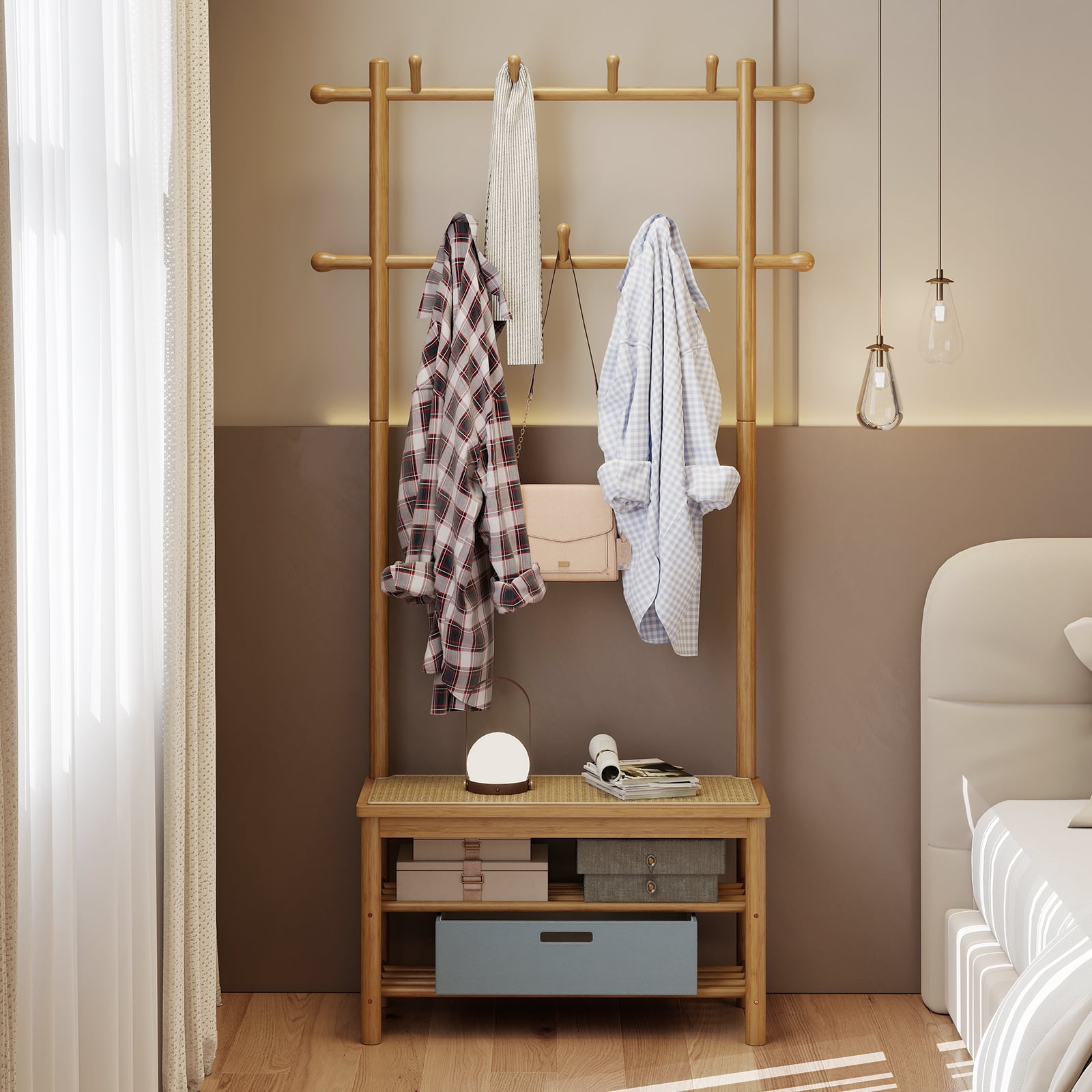Bamboo Coat Rack PE Rattan Hall Tree with Bench and Shoe Storage-Natural