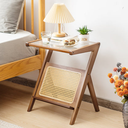 Bamboo Accent Bedside Table with Tempered Glass Top-Brown