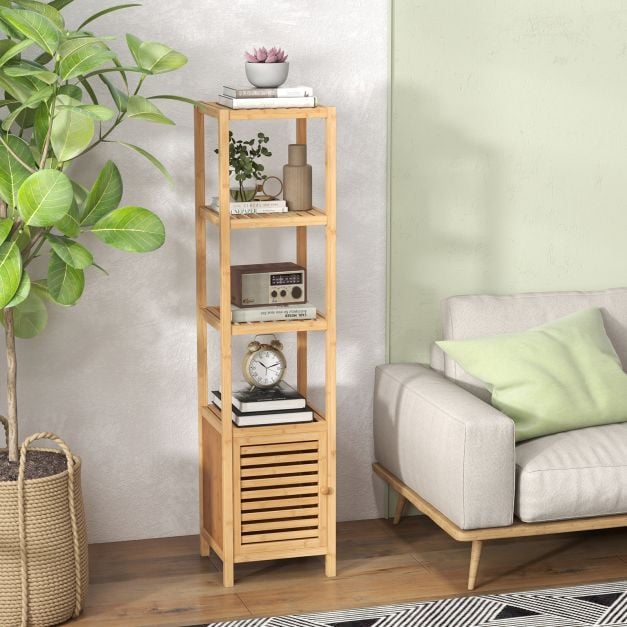 Bathroom shelf bamboo standing shelf with 4 levels of shelves and louvre door 34 x 33 x 140 cm natural