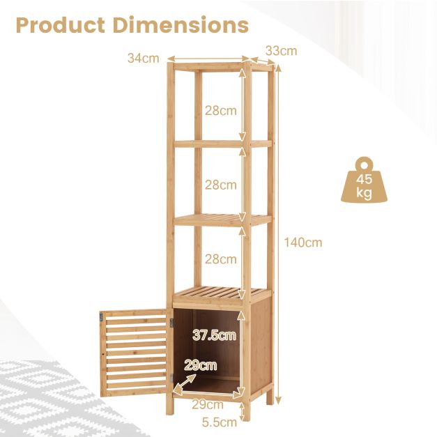 Bathroom shelf bamboo standing shelf with 4 levels of shelves and louvre door 34 x 33 x 140 cm natural