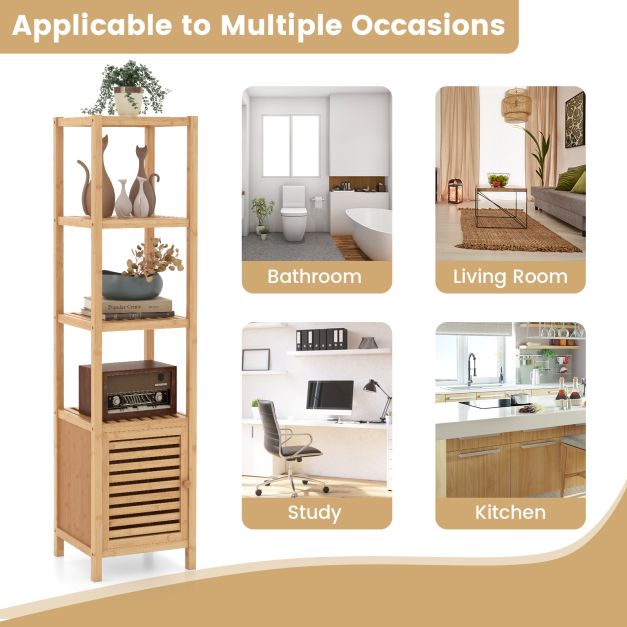 Bathroom shelf bamboo standing shelf with 4 levels of shelves and louvre door 34 x 33 x 140 cm natural