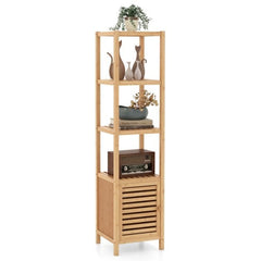 Bathroom shelf bamboo standing shelf with 4 levels of shelves and louvre door 34 x 33 x 140 cm natural