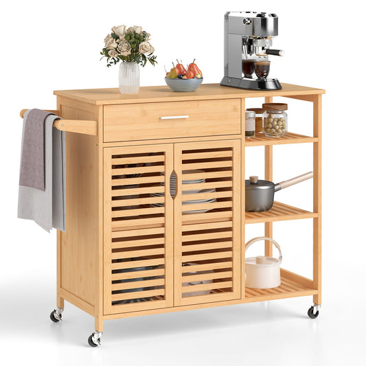 Bamboo Kitchen Island Cart Rolling Storage Sideboard with Towel Bar-Natural