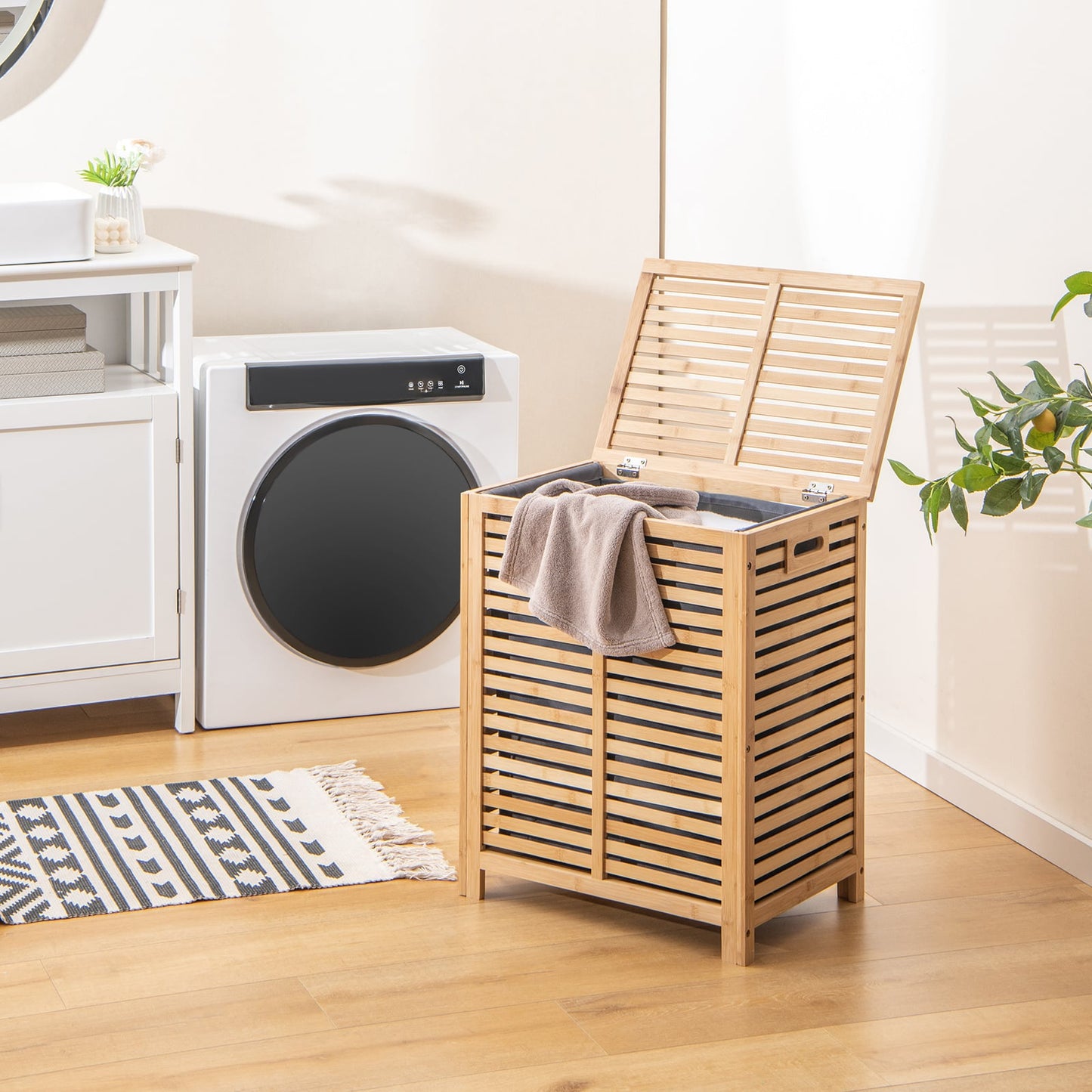 80 L Bamboo Laundry Hamper with Lid and Handles-Natural