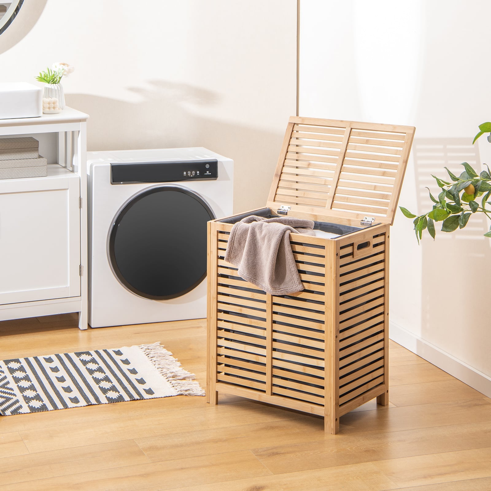 80 L Bamboo Laundry Hamper with Lid and Handles-Natural